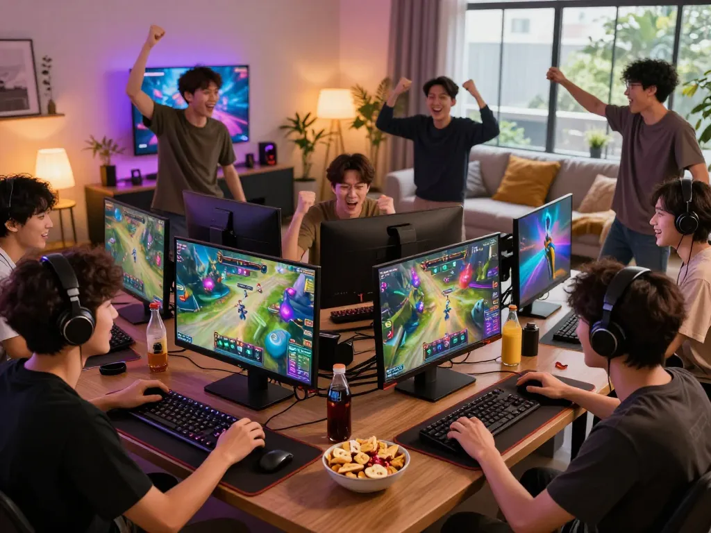 Players enjoying diverse games on BJ888 platform at home, showcasing excitement and vibrant gaming atmosphere.