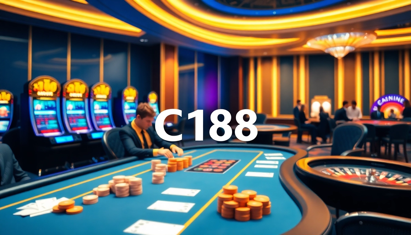 C168 online casino scene showcasing high-stakes poker table, slot machines, and roulette wheels.