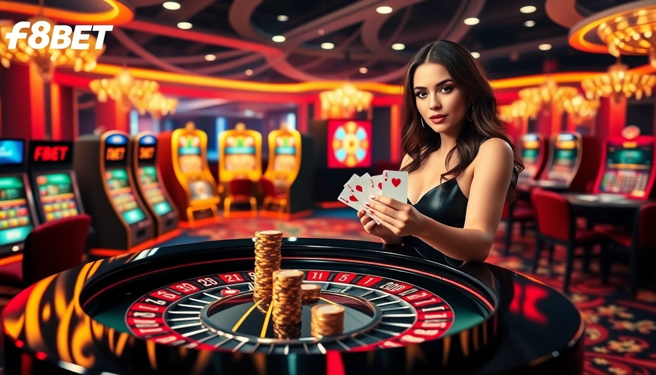 F8BET players enjoying a thrilling game at an upscale casino table with vibrant roulette elements.
