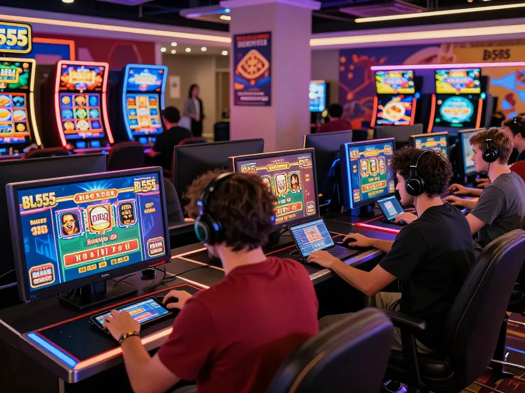 Engaged players at BL555 online casino interacting with diverse games, showcasing vibrant atmosphere and modern tech.