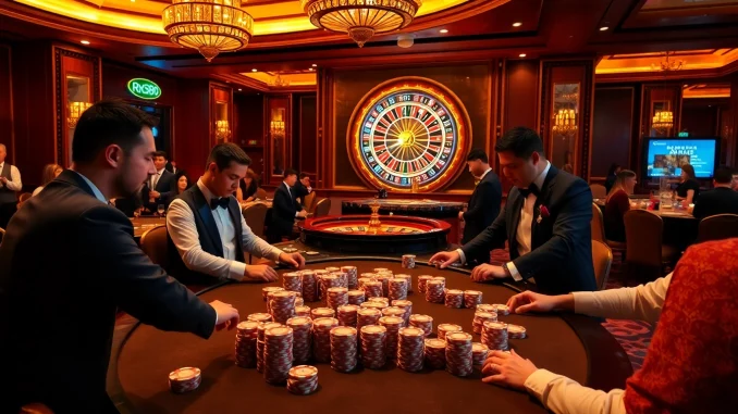 rr88 trang chủ - Players engaging in a thrilling high-stakes casino game with vibrant elements.