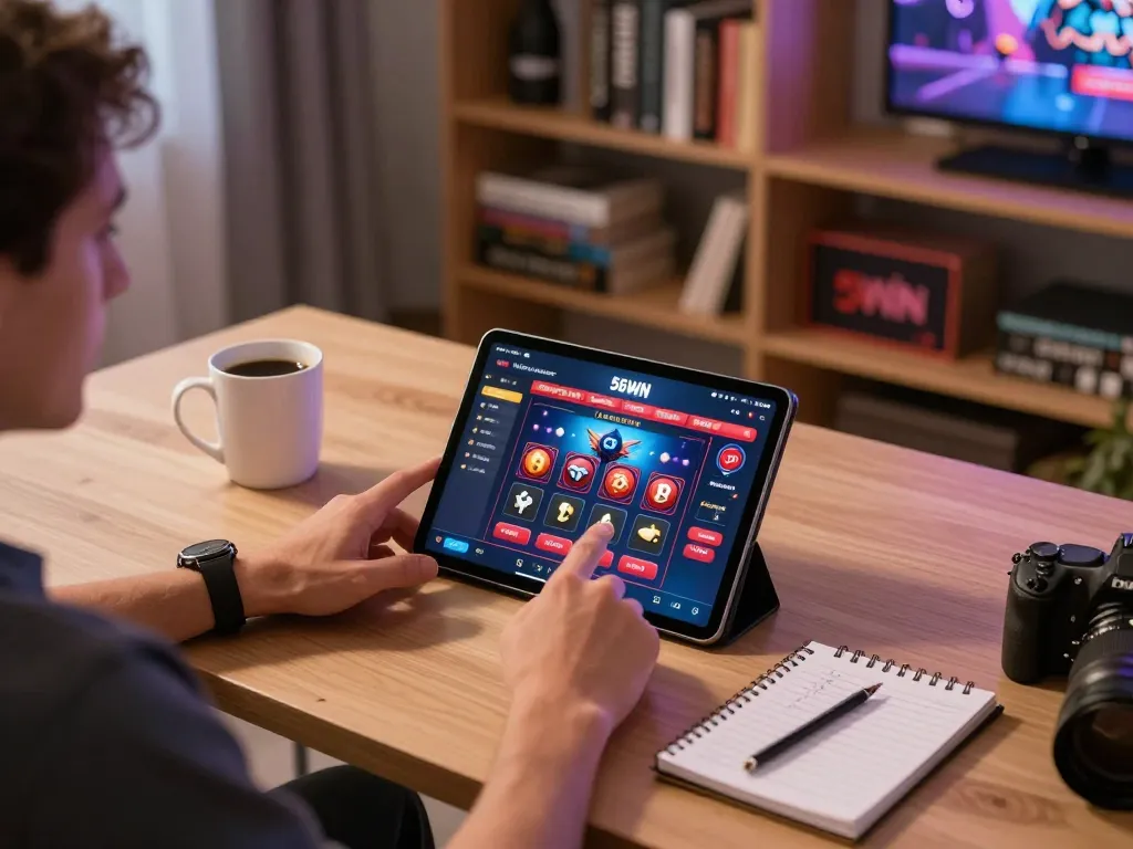 Player enjoying 56WIN online casino on tablet, surrounded by gaming strategies and a cozy atmosphere