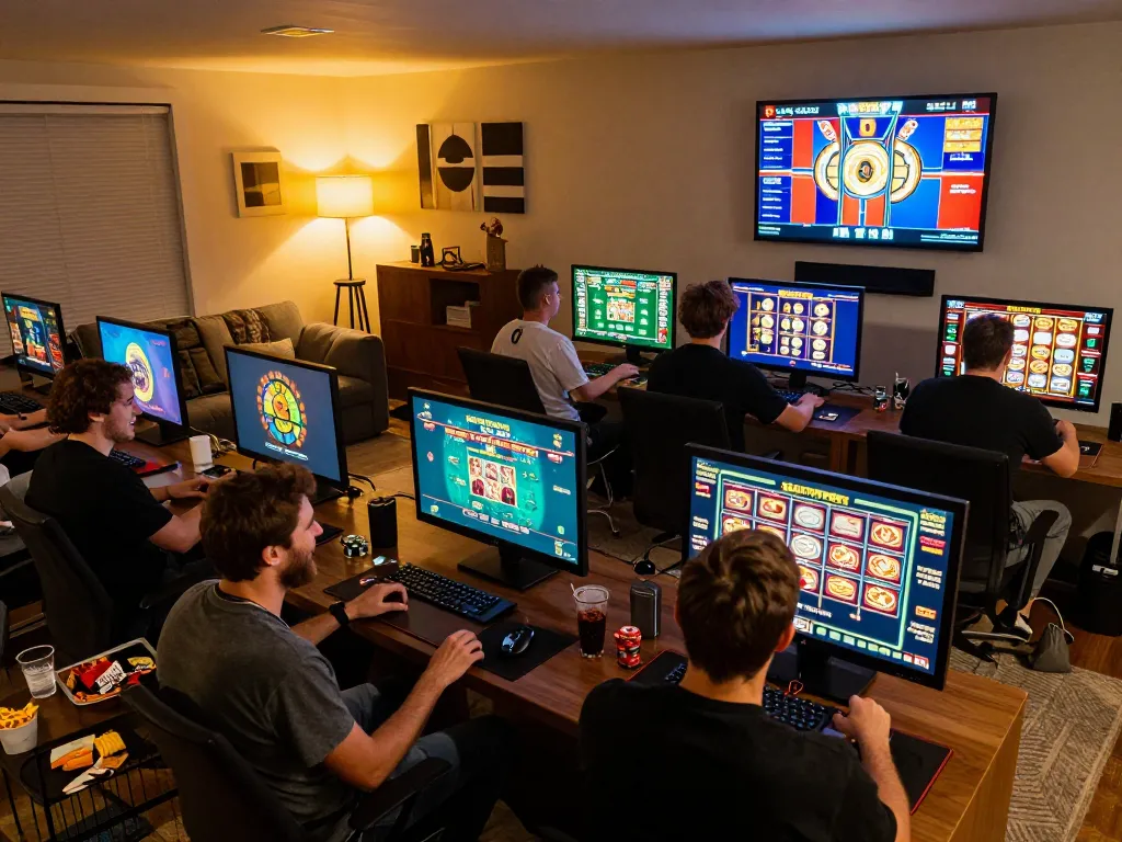 Players engaging online at uu88 com casino in a lively home setting, showing excitement and strategy.