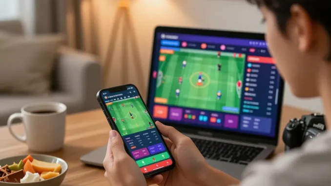 Engaged user placing bets on a live đá gà Fabet match through a smartphone in a modern home setting