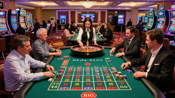Exciting roulette gameplay at lode88 casino with players betting on a vibrant table.