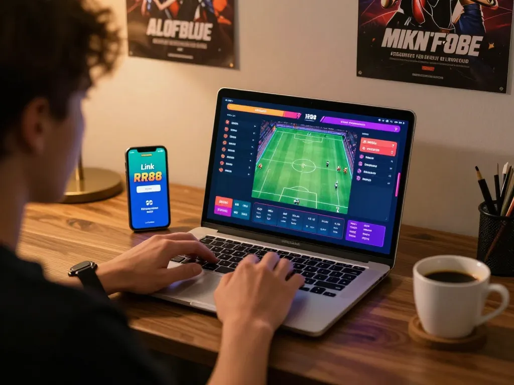 Engaging in sports betting on laptop with the Link RR88 app nearby in a cozy setting