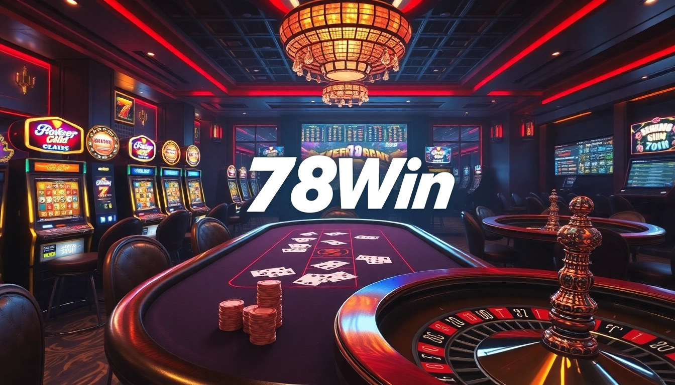 Exciting gaming atmosphere at 78Win, showcasing poker chips, roulette, and vibrant slot machines.