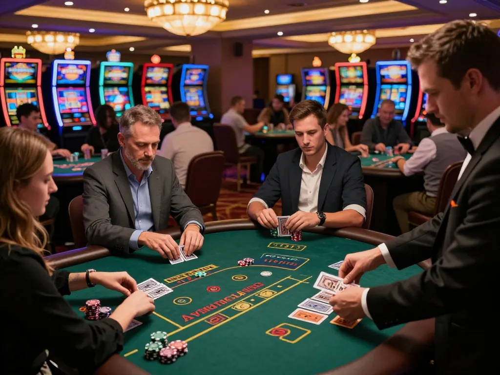 Players engaging intensely at CM88 blackjack tables with colorful chips and cards eagerly dealt.