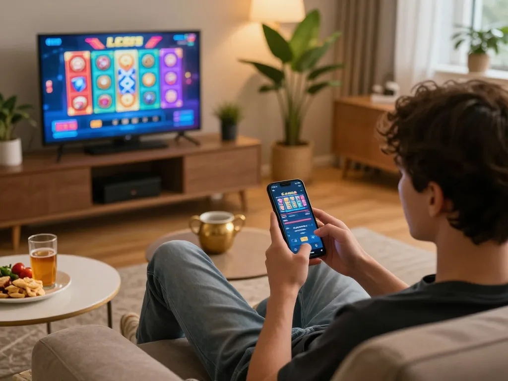 LC88 user enjoying online gaming on smartphone in a cozy home setting.