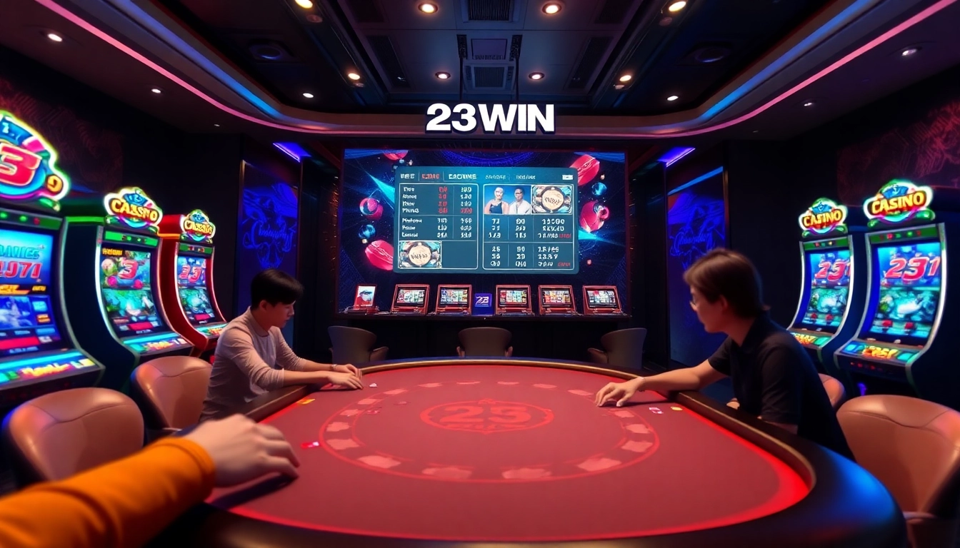Navigating the vibrant gaming interface at Nhà cái 23WIN showcasing an exciting poker table and colorful slot machines.