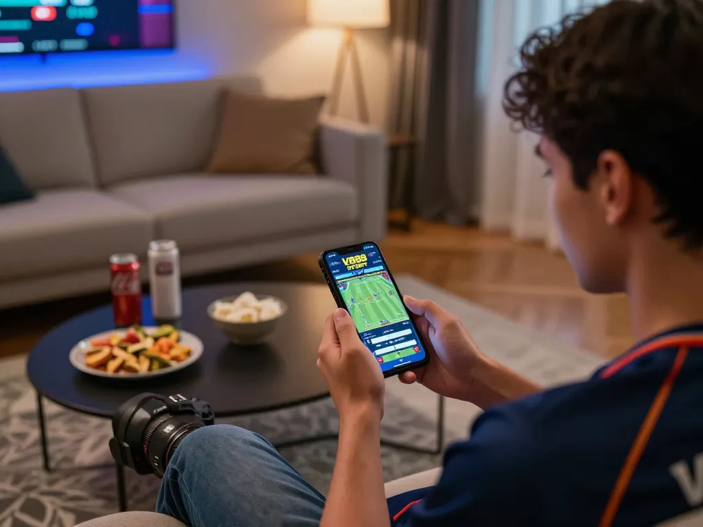 Engaged player using VB88 SPORT app for live sports betting in a modern home setting
