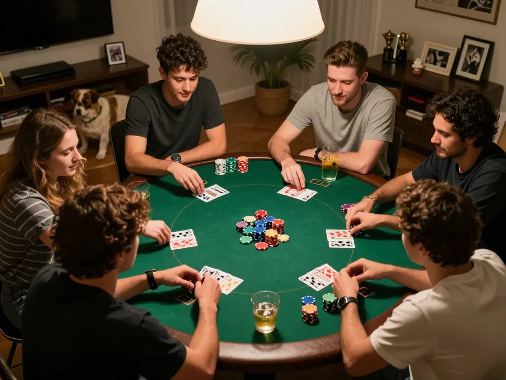 Friends enjoying a friendly poker game at home, showcasing 68 Game Bài experience.