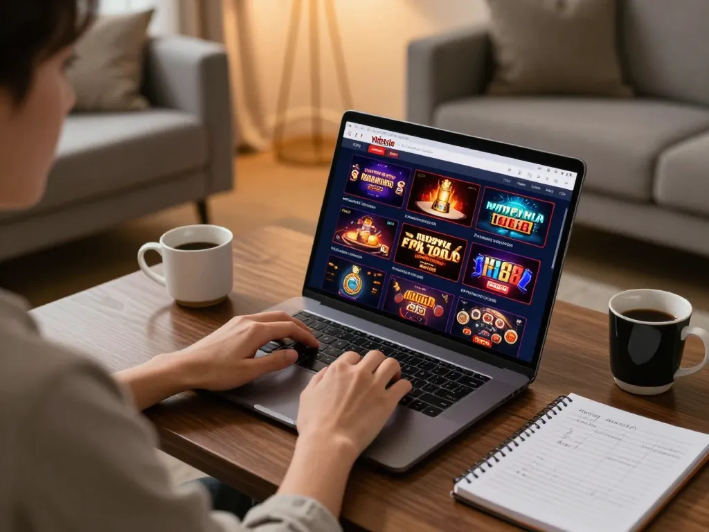 Gambler using laptop to access Website Tx88 for an engaging online casino experience.