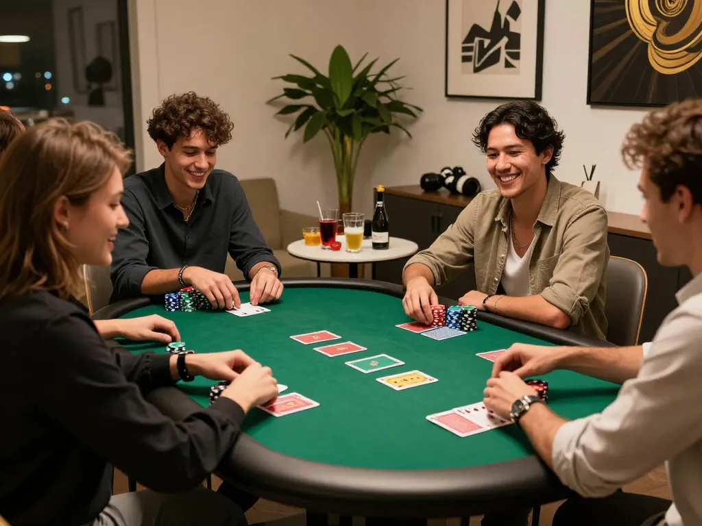 Five88 social gathering with friends playing poker, vibrant atmosphere and modern decor.