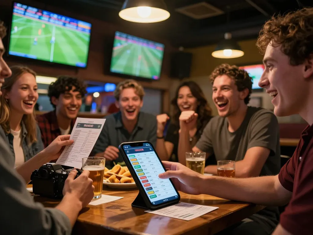 Excited patrons placing soccer predictions bets at a lively sports bar, showcasing vibrant atmosphere.