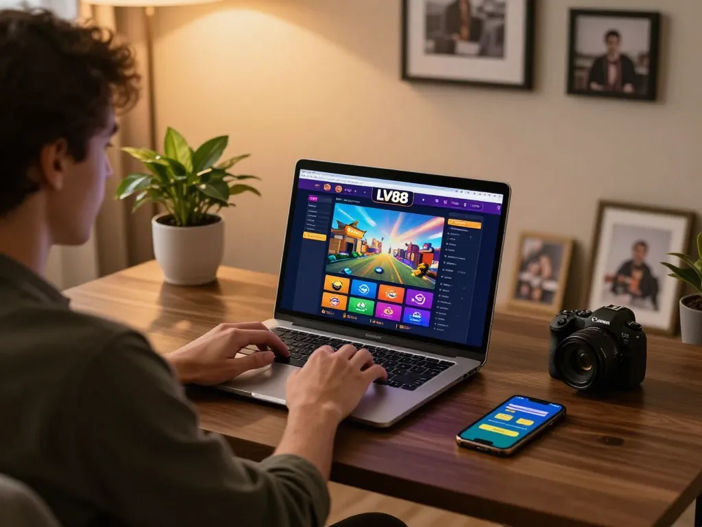 Engage in exciting home gaming with LV88's online casino on a stylish laptop.