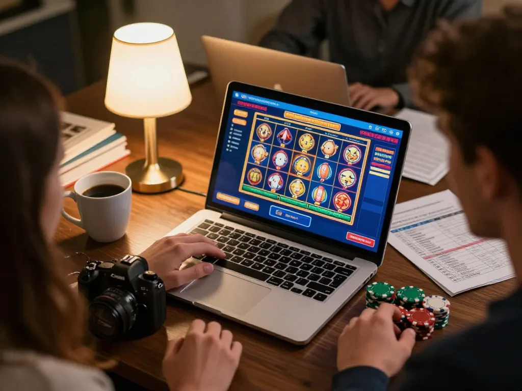 Player enjoying dh88 online slots on laptop in cozy home setting with beverages and strategy notes