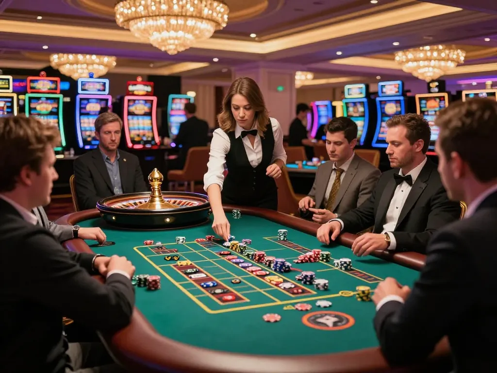 Experience thrilling gameplay at FABET trang cá cược with players enjoying the roulette table in an upscale casino.
