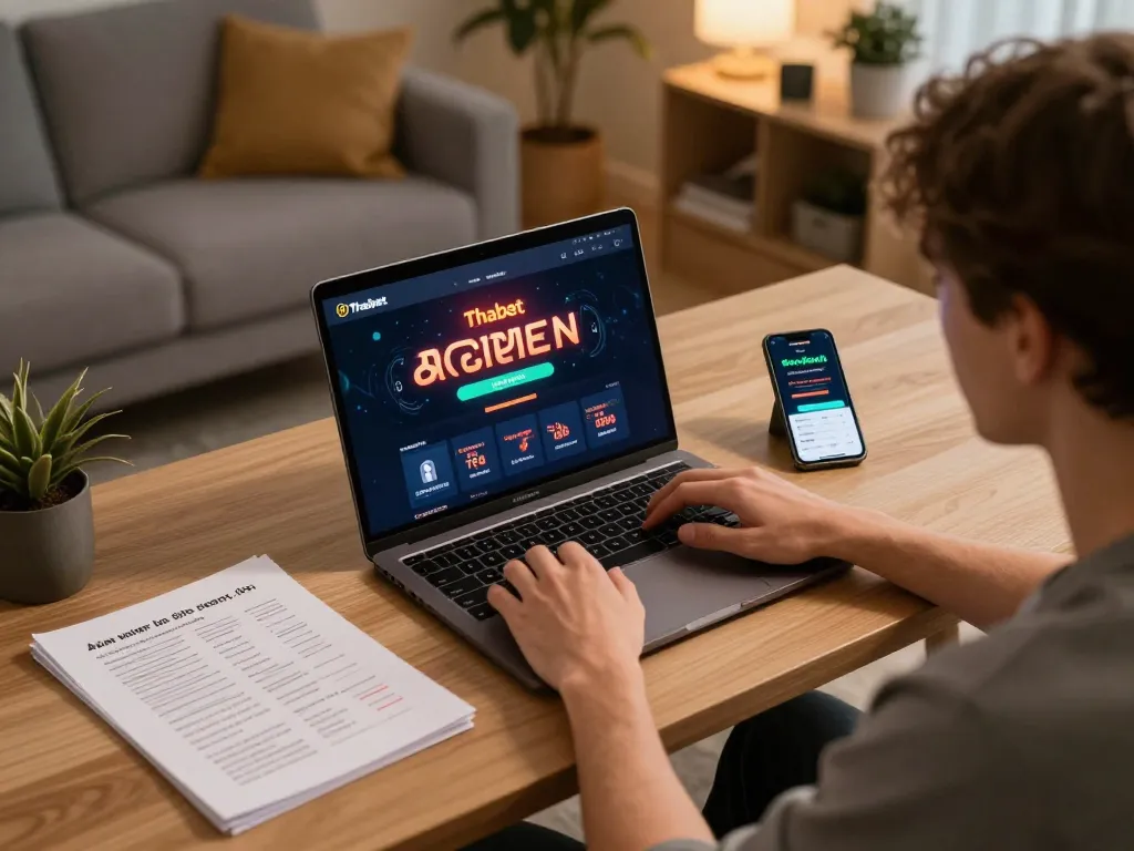 A gamer engaging with Thabet's online casino interface at home, highlighting responsible gaming practices.