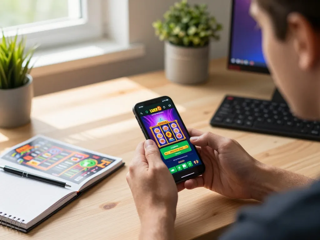 Engaging player enjoying the Luck8 app on smartphone in a cozy home setting