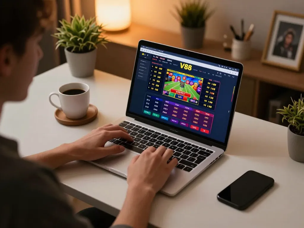 Engaging player accessing TV 88 for online betting, featuring live sports odds and cozy setup.