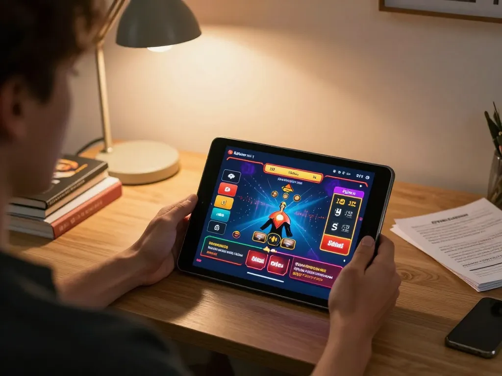 Player engaging with sp8bet online on a tablet showcasing a vibrant gaming interface in a cozy setup