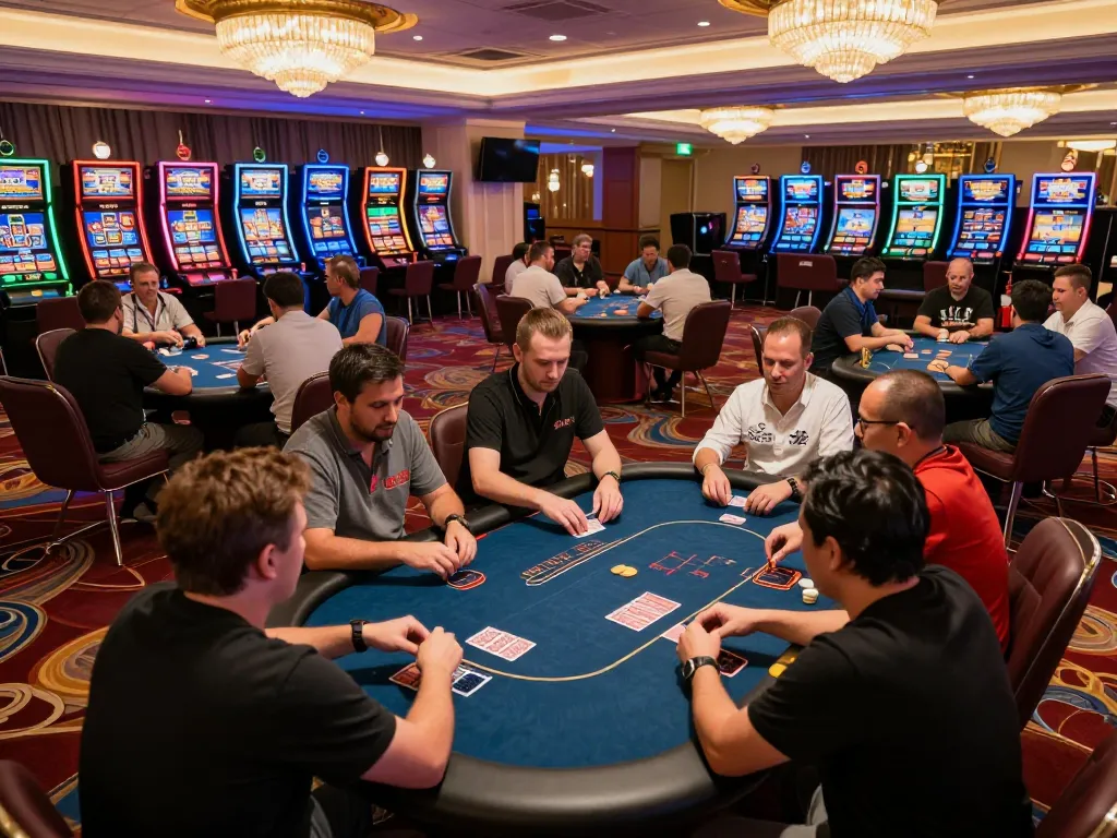 Players engaging intensely in a poker game at XOCDIA88's luxurious casino.