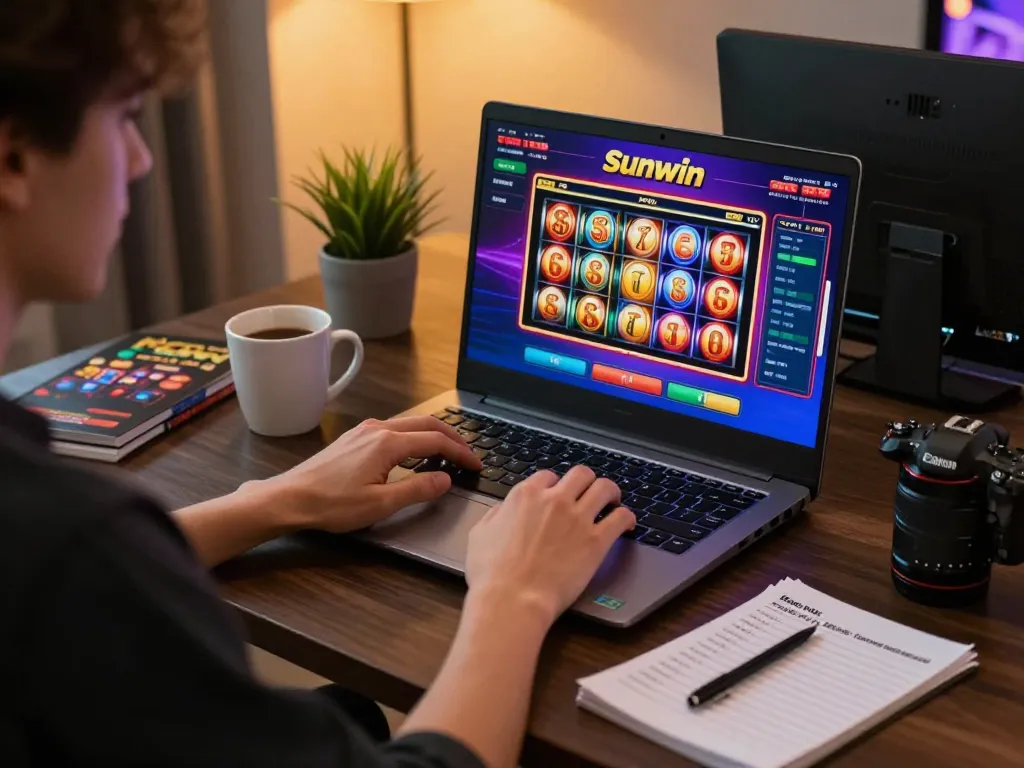 Engaging in Sunwin online gaming with vibrant slots interface, showcasing responsible entertainment.