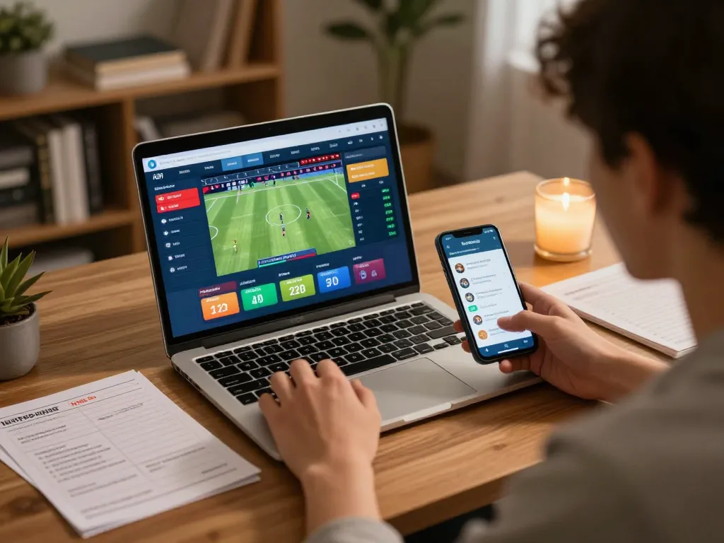 Engaging in sports betting with ty le keo nha cai on the laptop, showcasing live game updates.