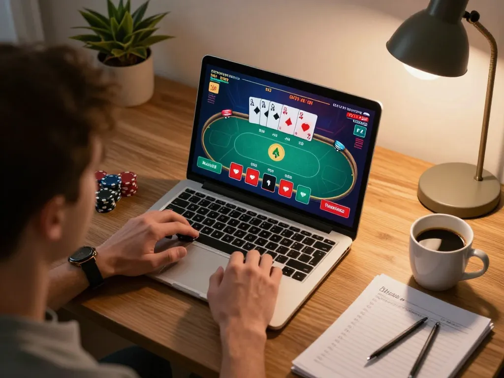 hd88 player strategizing during an online poker game at home with laptop and notes