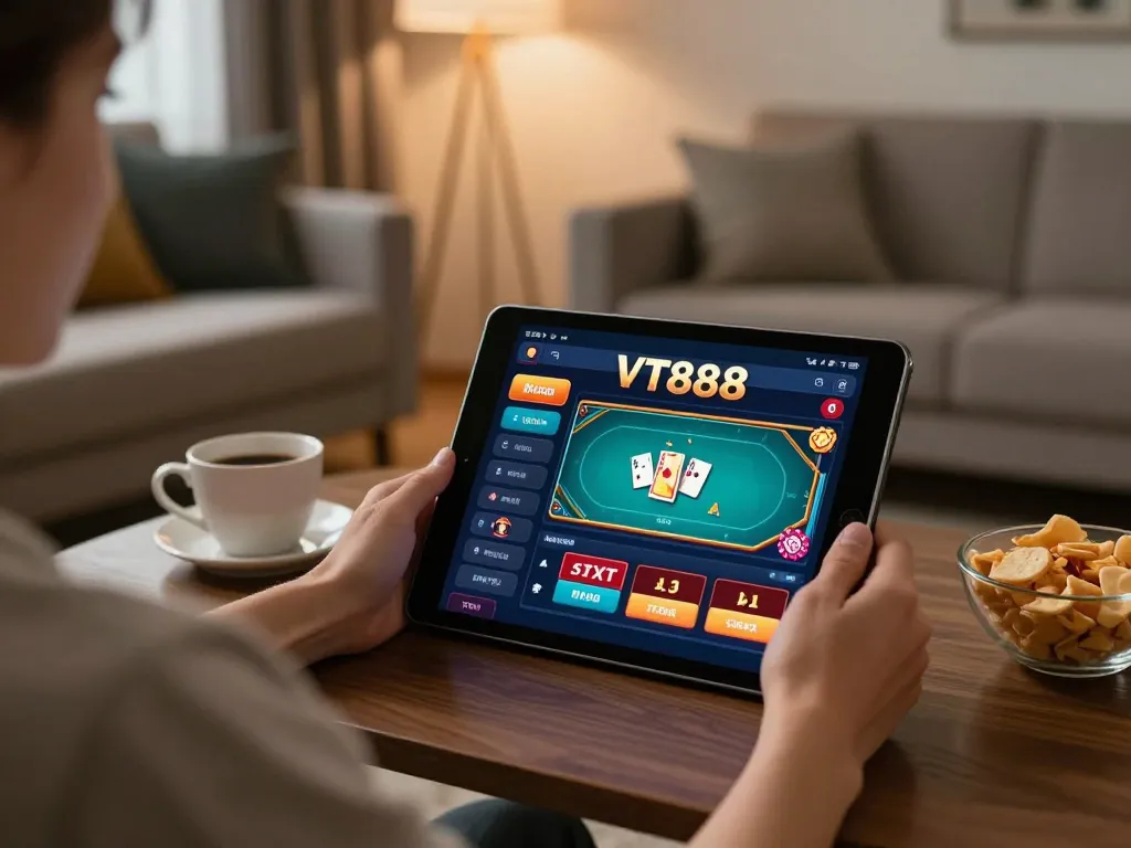 Player engaging with VT888 casino app in a cozy living room setting, emphasizing online gaming experience.