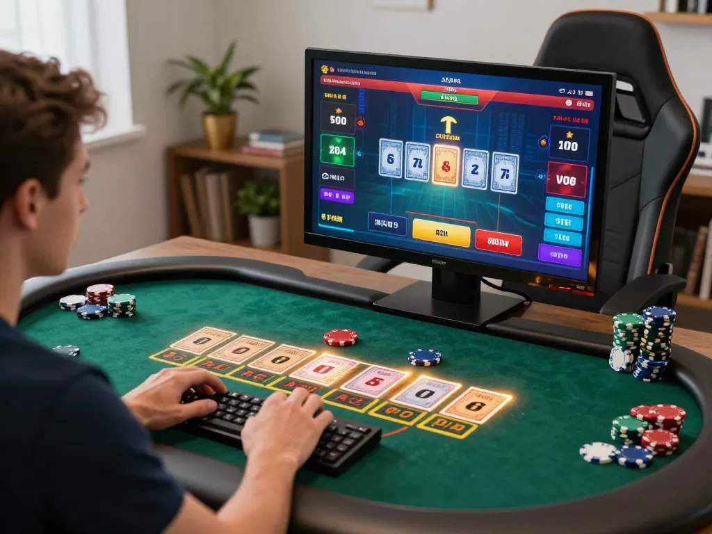 fun79 player strategizing in an intense online blackjack game, focused on cards and chips in a cozy setup