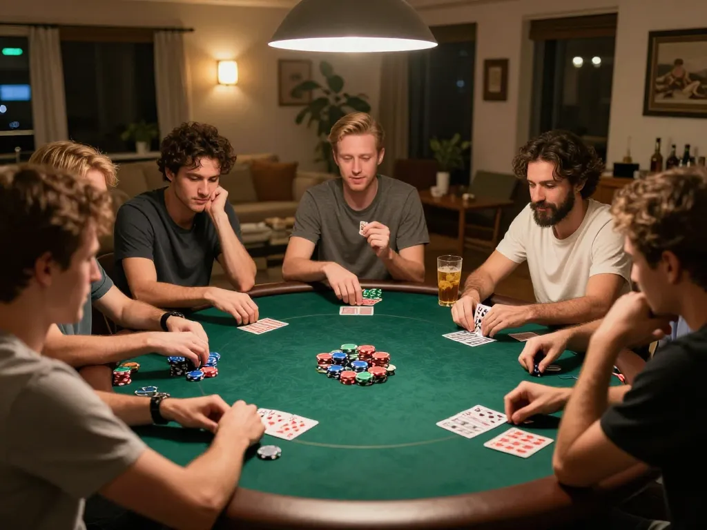 Friends enjoying an intense round of poker at home, featuring MM88 chips and cards.