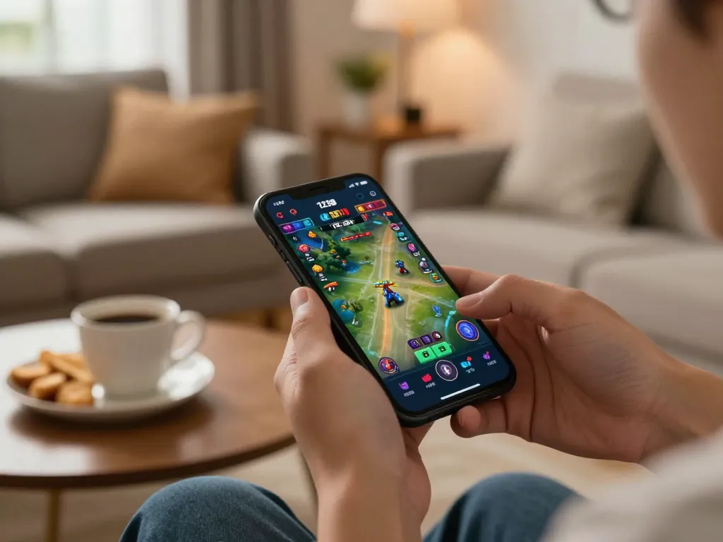Player engaging with 123B gaming app on smartphone in a cozy home setting.