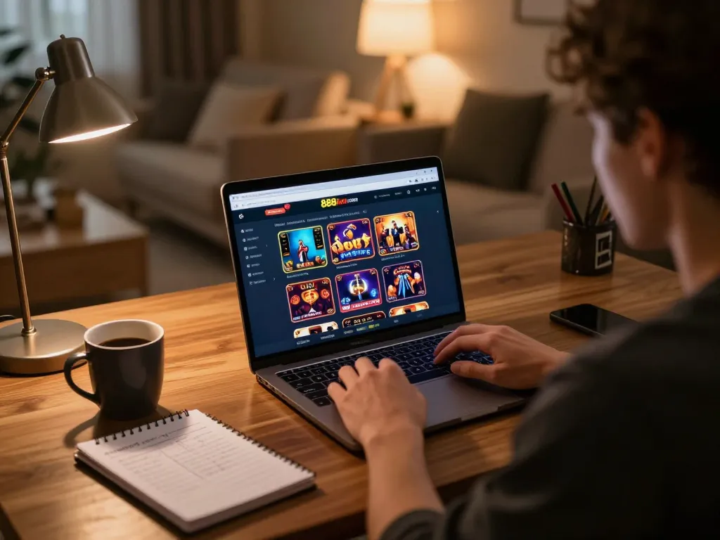 Engaging scene of a player navigating 888now com for an optimal online gaming experience in a cozy setting.