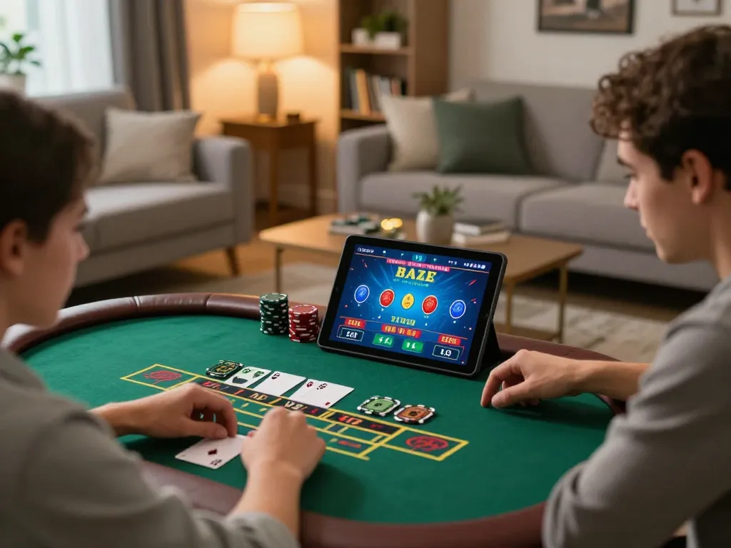Player engaging in live blackjack via tg88 app on tablet in a cozy home setting, showcasing dynamic gaming action.