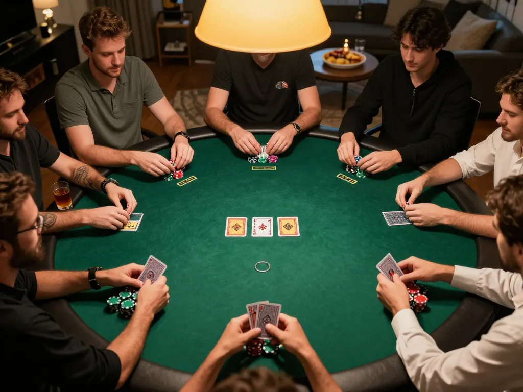Players enjoying a poker game with 23Win chips at a cozy home game night setting