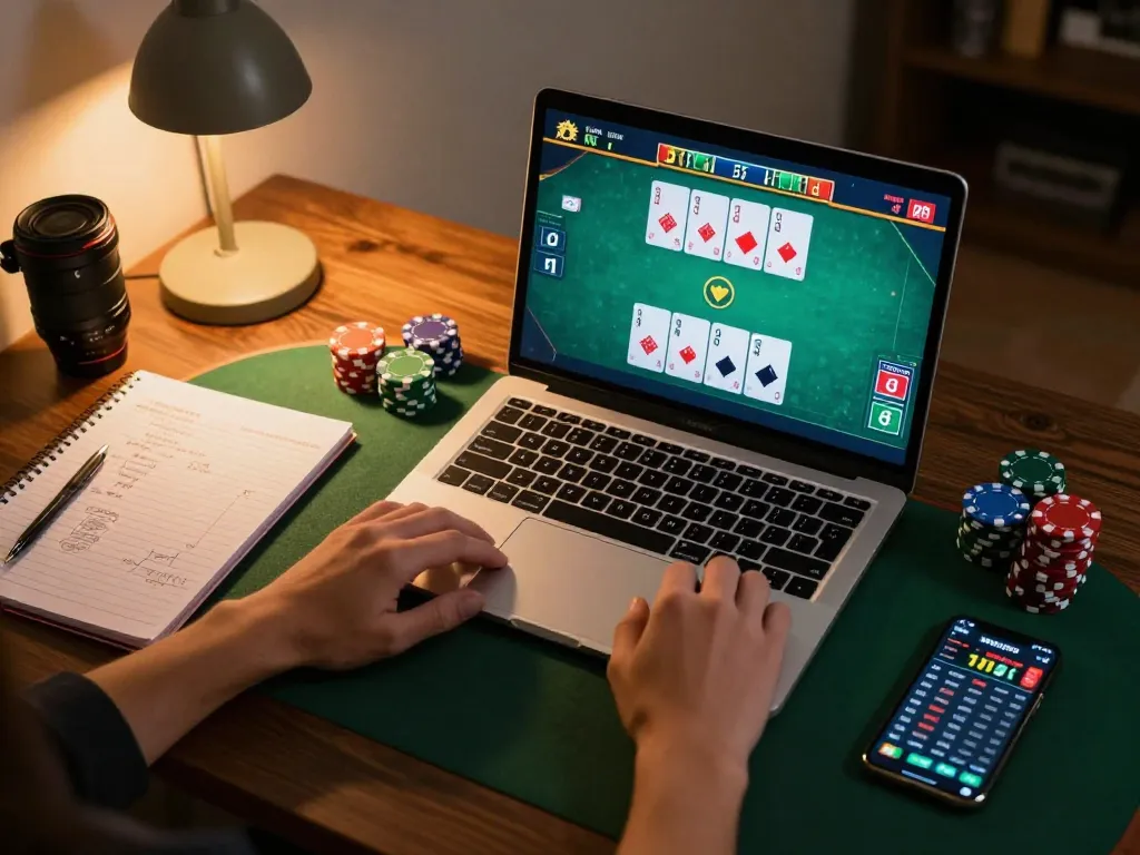 VU88 user placing bets during an intense online poker game on a laptop, showcasing strategic elements and cozy atmosphere.