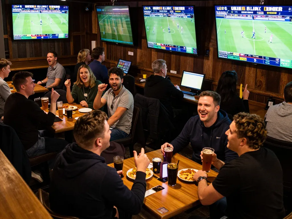 Exciting sports betting environment with Uk88 patrons cheering and placing bets.