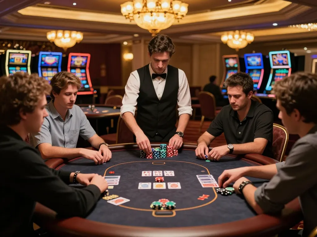 Dabet poker table action with players strategizing in a luxurious casino environment.