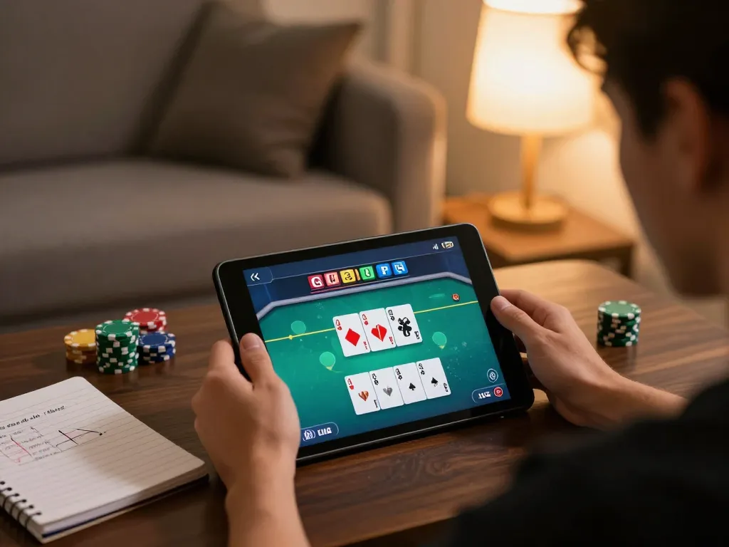 Engaging in alo 8 online poker gameplay from a cozy home setup, with vibrant cards and strategic notes