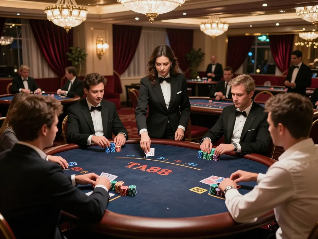 Engaged players strategizing in a luxury poker game at a TA88 VIP casino.