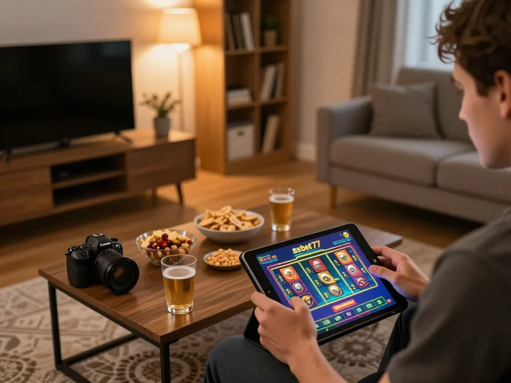 Engaging in online gaming at ssbet77 on a tablet in a cozy living room.