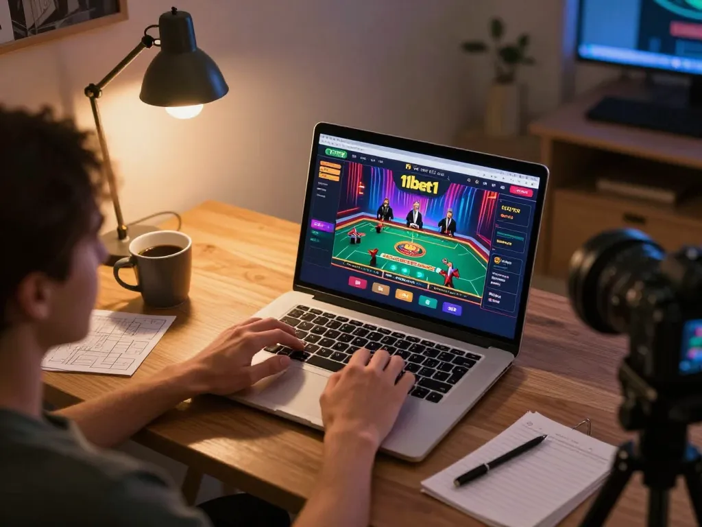 Engaging with 11bet1 online casino via laptop, showcasing a live dealer game setup