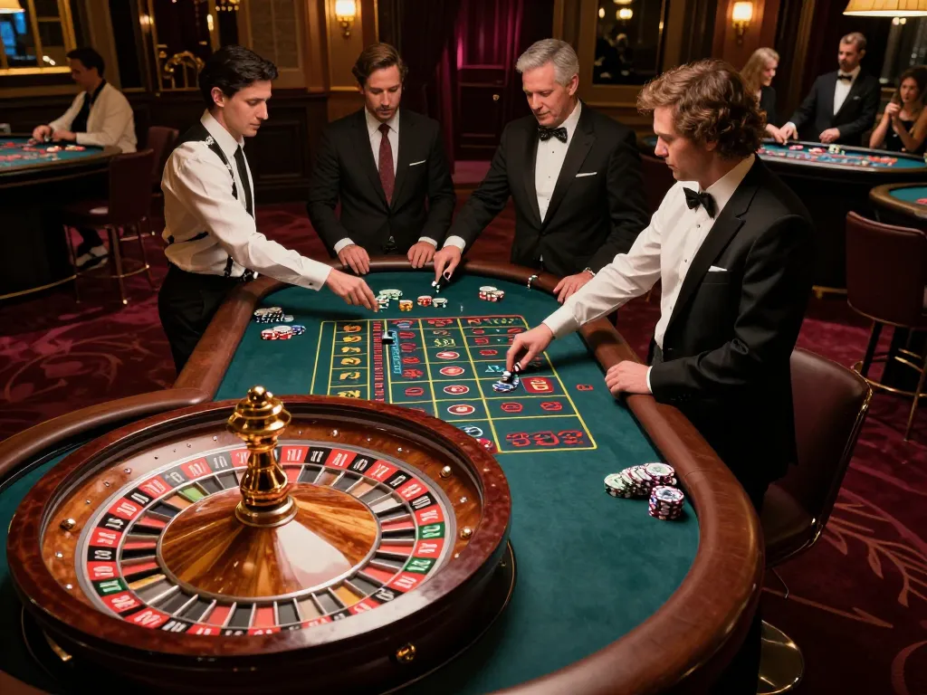 Experience the thrill of 33WIN at an upscale casino roulette table with players betting strategically.