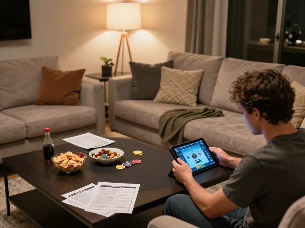 Person playing poker using 789win link on a tablet, warm home setting enhances online gaming experience