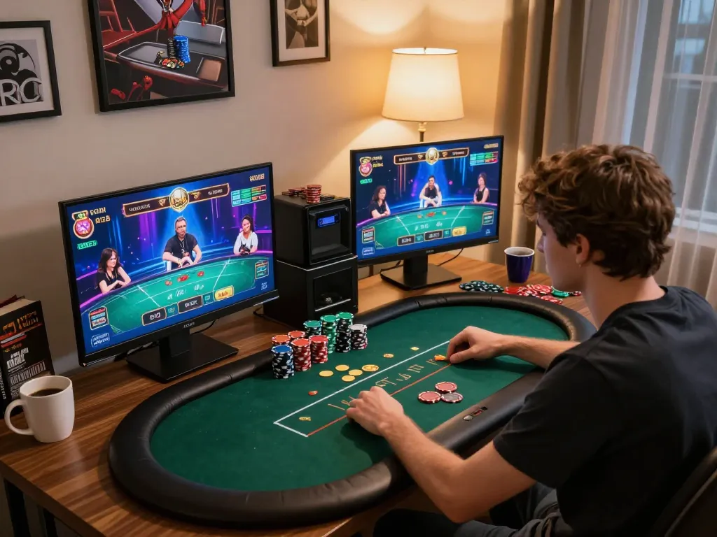 DA88 user engaging in a live dealer poker game on multiple screens, focusing on strategy and gameplay.
