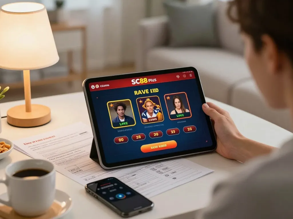 Enjoying online gaming with SC88 Plus app on tablet in a relaxed home environment