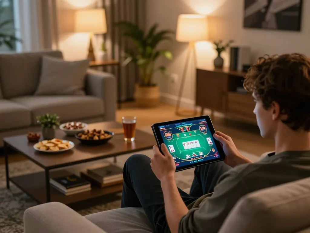 uu88 player strategizing in cozy home gaming setup with tablet and poker game interface