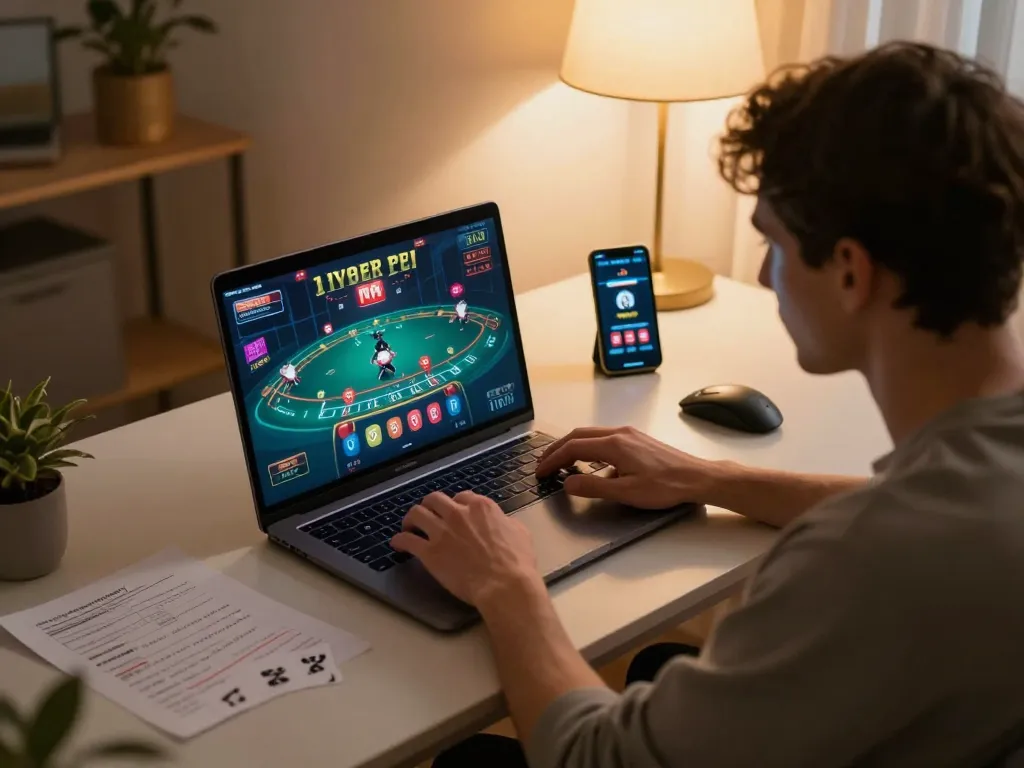 Experience the excitement of online gaming at o8 while playing blackjack in a stylish home setup.